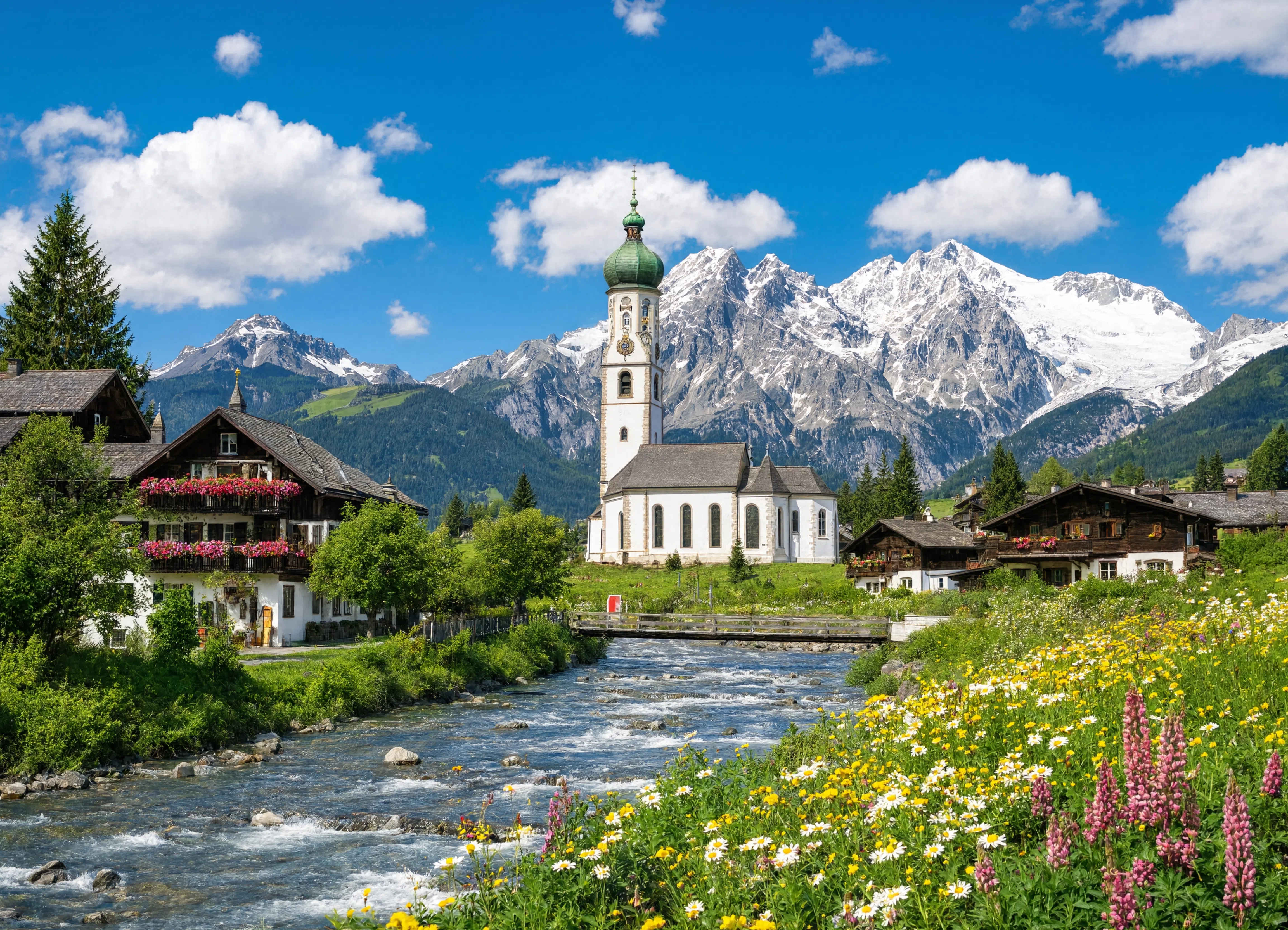 Traditionelles bayerisches Dorf mit Kirche, Alpenkulisse und blühenden Wiesen