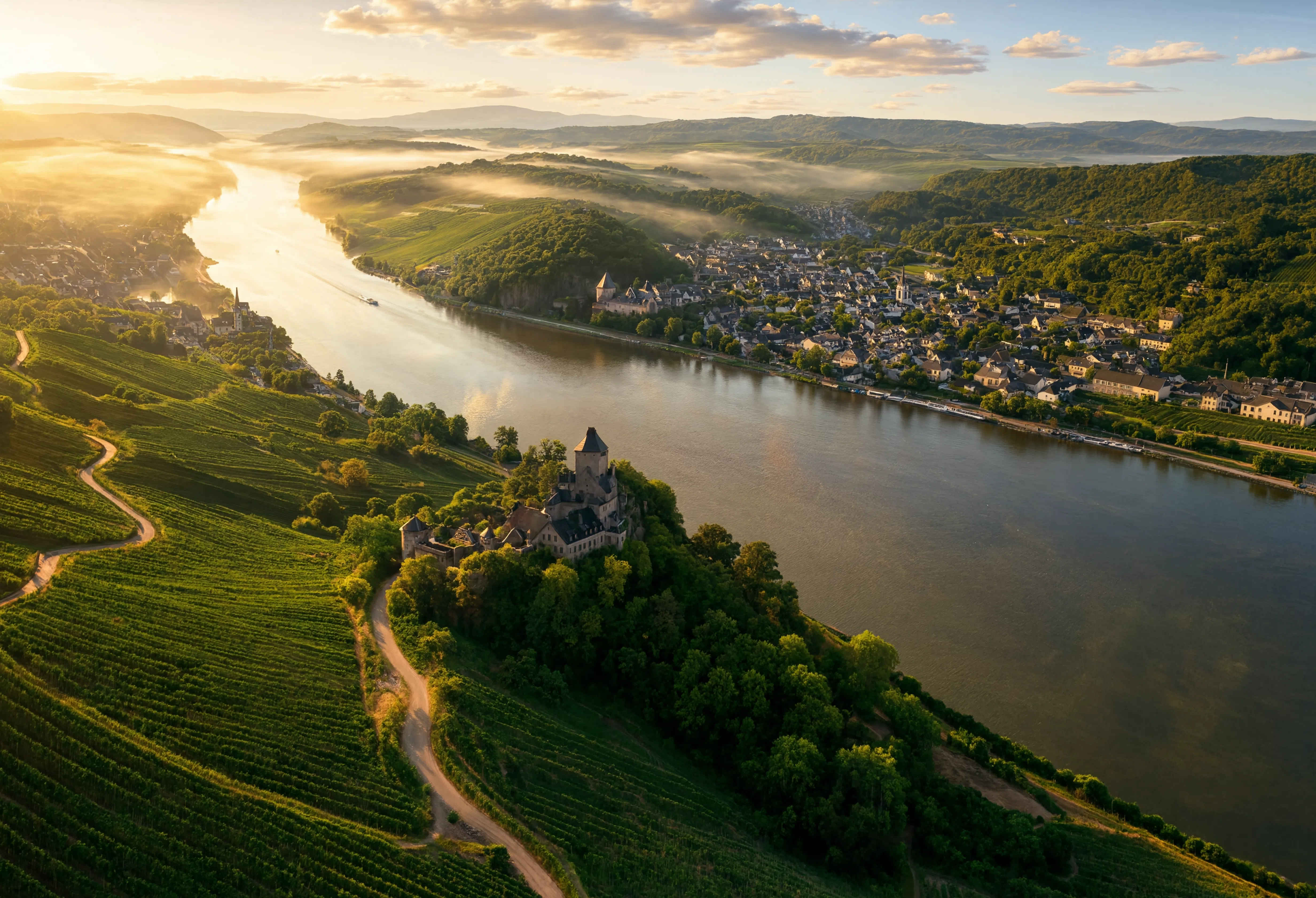 Panoramablick auf das Rheintal mit Weinbergen bei Sonnenuntergang