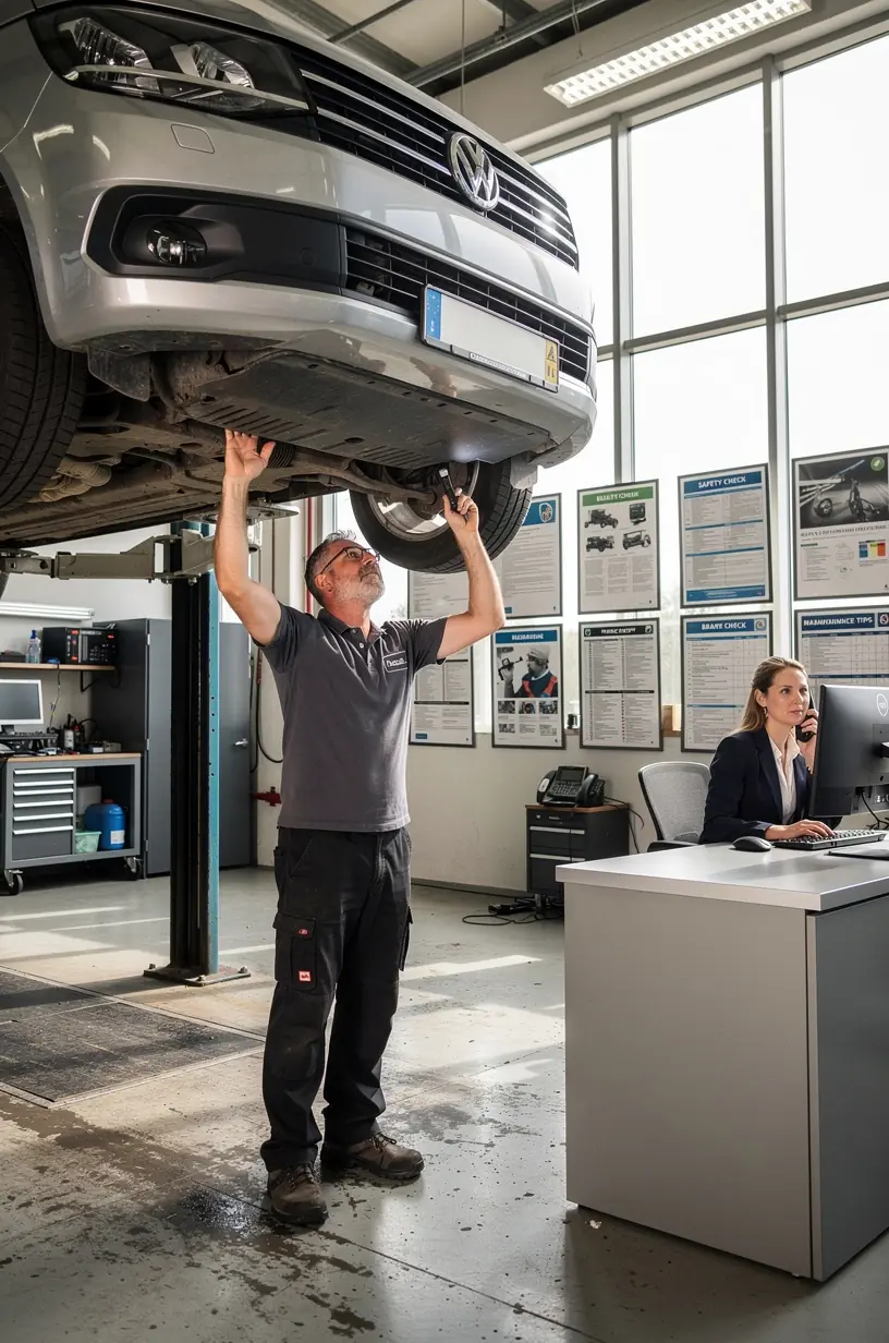 Fahrzeugflotte einer kleinen Firma steht bereit für planmäßige Inspektion in der Profi-Werkstatt